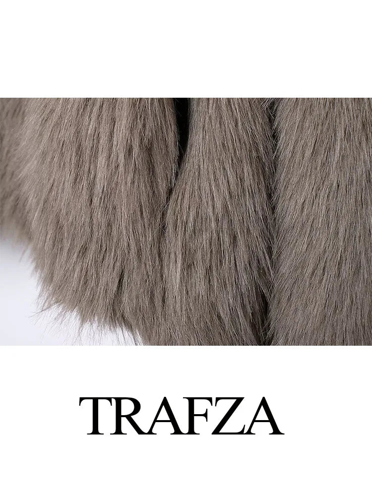 TRAFZA Frauen Elegante Faux Pelz Winter Mantel Solide Drehen Unten Kragen Mit Langen Ärmeln Dicke Mäntel Frau Lange Hülse Lose Warme Jacke