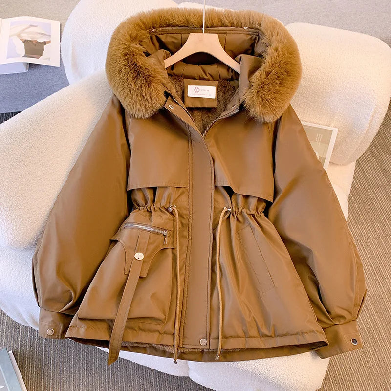 Fleece gefütterte Kapuze Daunen jacke Wintermantel für Frauen warme Kordel zug gepolsterte Parkas koreanische lässige Streetwear weibliche Puffer Outwear