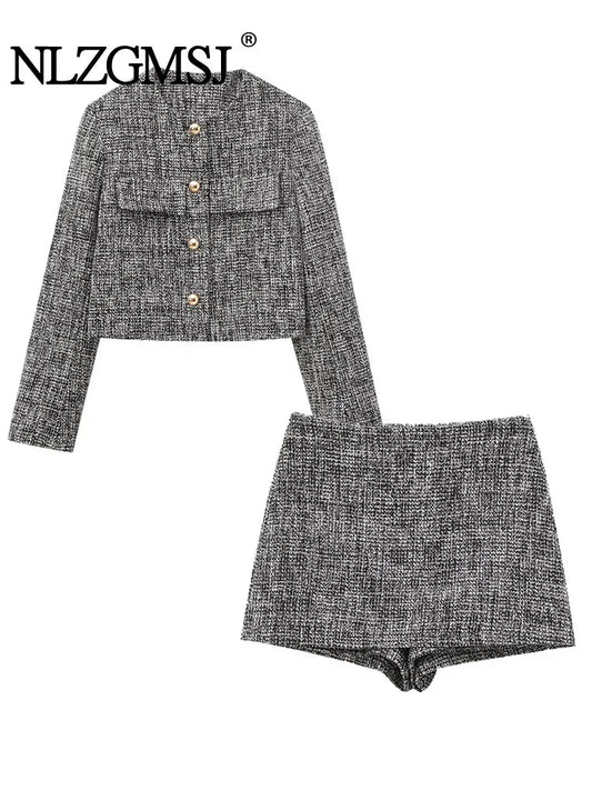 ONKOGENE Herbst Elegante Frauen Plaid Einreiher Schmücken Casual Jacke Mantel + Hohe Taille Zipper Mini Culottes 2-teiliges Set