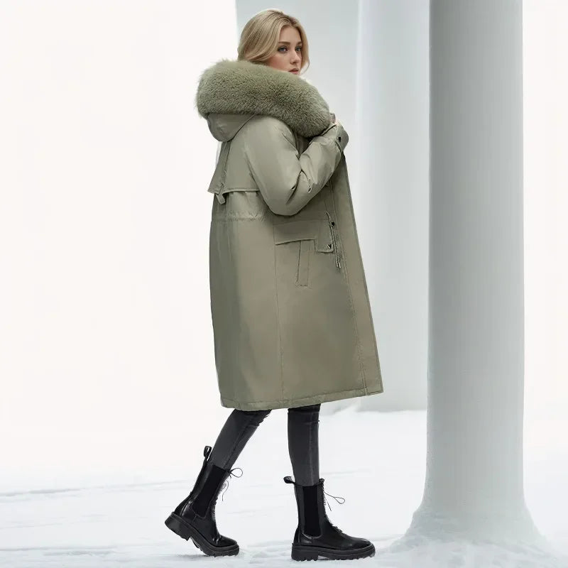 2024 neue Winter Frauen Parka Kleidung lose lange Mantel Wolle Liner Kapuze Daunen Baumwoll jacke Pelz kragen dicken warmen Schnee tragen gepolstert