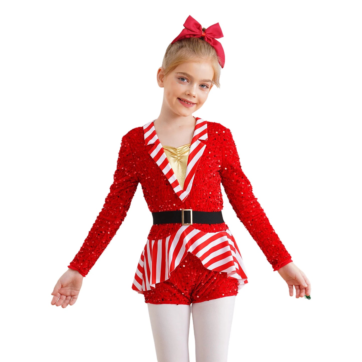 Mädchen Pailletten Samt gestreift Santa Claus Langarm Weihnachten Tanz Skating Bodysuit Overall Weihnachts ferien Zuckers tange Kostüm