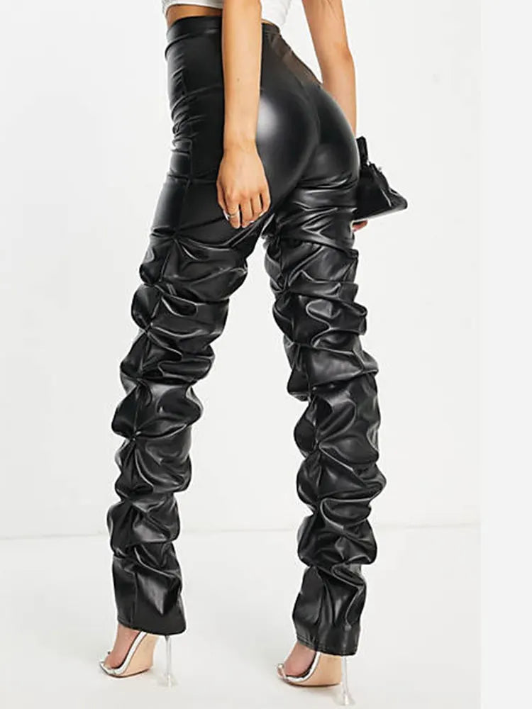 High Waist Pleated PU Leather Pants for Women, Retro Streetwear, Loose Ruched Casual Trousers, Straight Solid Color Black Pants,