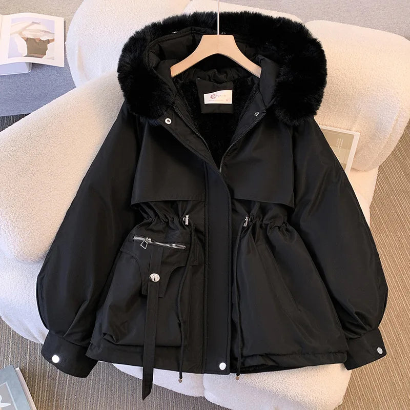 Fleece gefütterte Kapuze Daunen jacke Wintermantel für Frauen warme Kordel zug gepolsterte Parkas koreanische lässige Streetwear weibliche Puffer Outwear