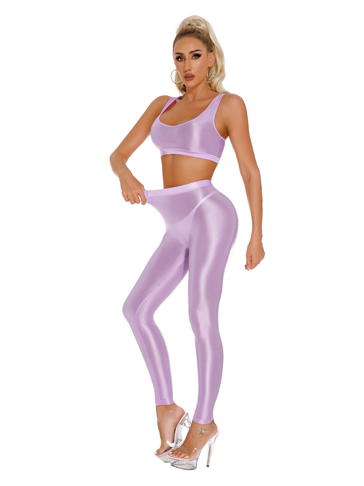 Damen glänzendes Öl ärmelloses U-Ausschnitt Racer back Crop Top mit Leggings für Tanz Yoga Sport Gym Fitness Übung Active wear