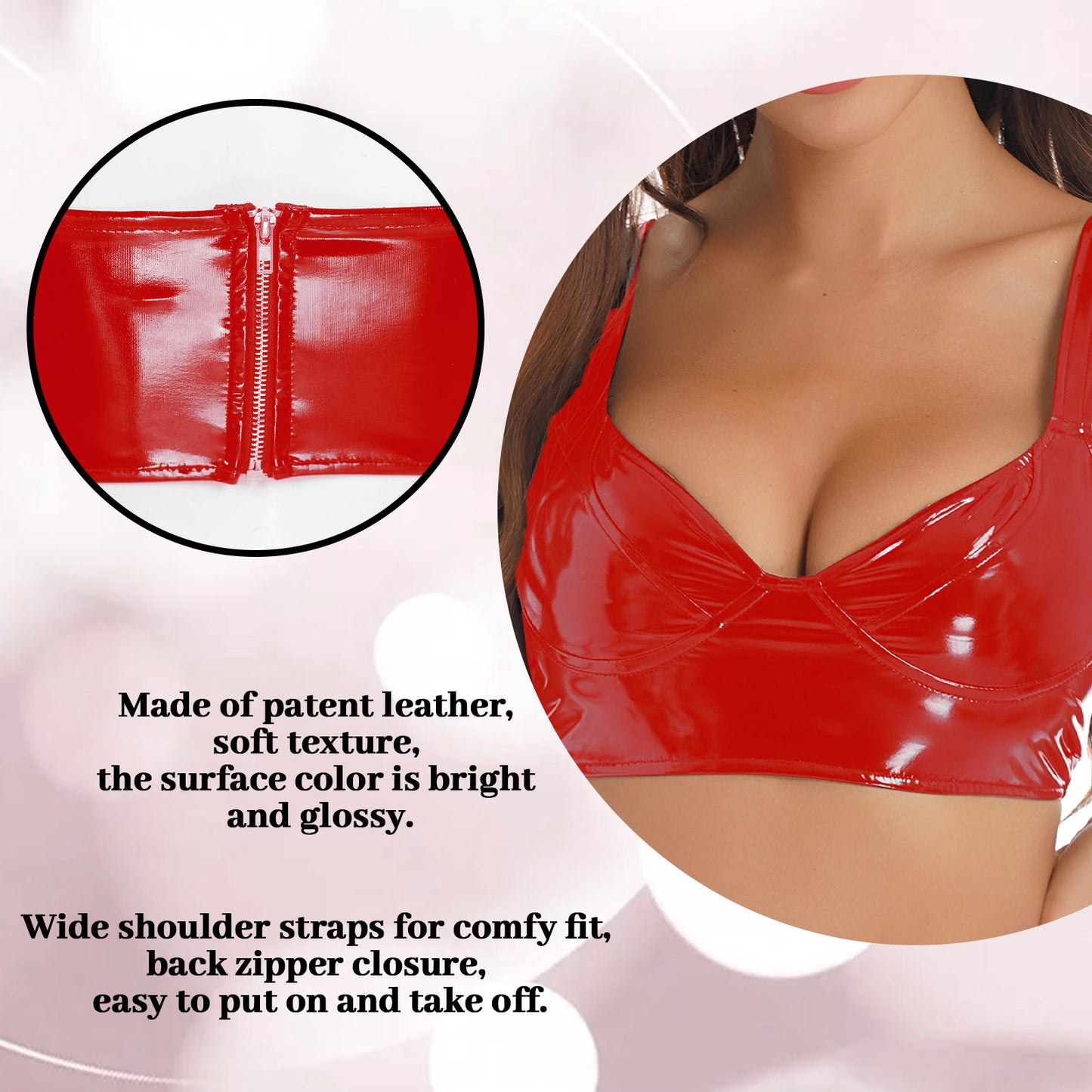 Womens Erotic Lingerie Wetlook Patent Leather Wireless Bra Tops Camisole Wide Shoulder Straps Sexy Crop Top Bra Clubwear