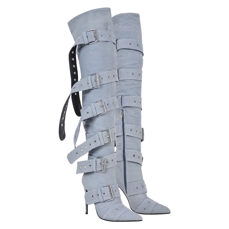 Only maker Frauen Schnalle Riemen über dem Knie Stiefel dünne High Heel Lady Reiß verschluss weibliche Oberschenkel hohe spitze Zehen Stiletto Stiefel