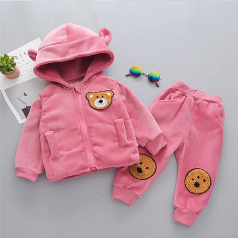 1 2 3 4 jahre Winter Baby Jungen Kleidung Sets Cartoon Bär Warm Halten Mantel + Kapuze Zipper Weste Und hosen Mädchen Anzüge Kinder Kleidung