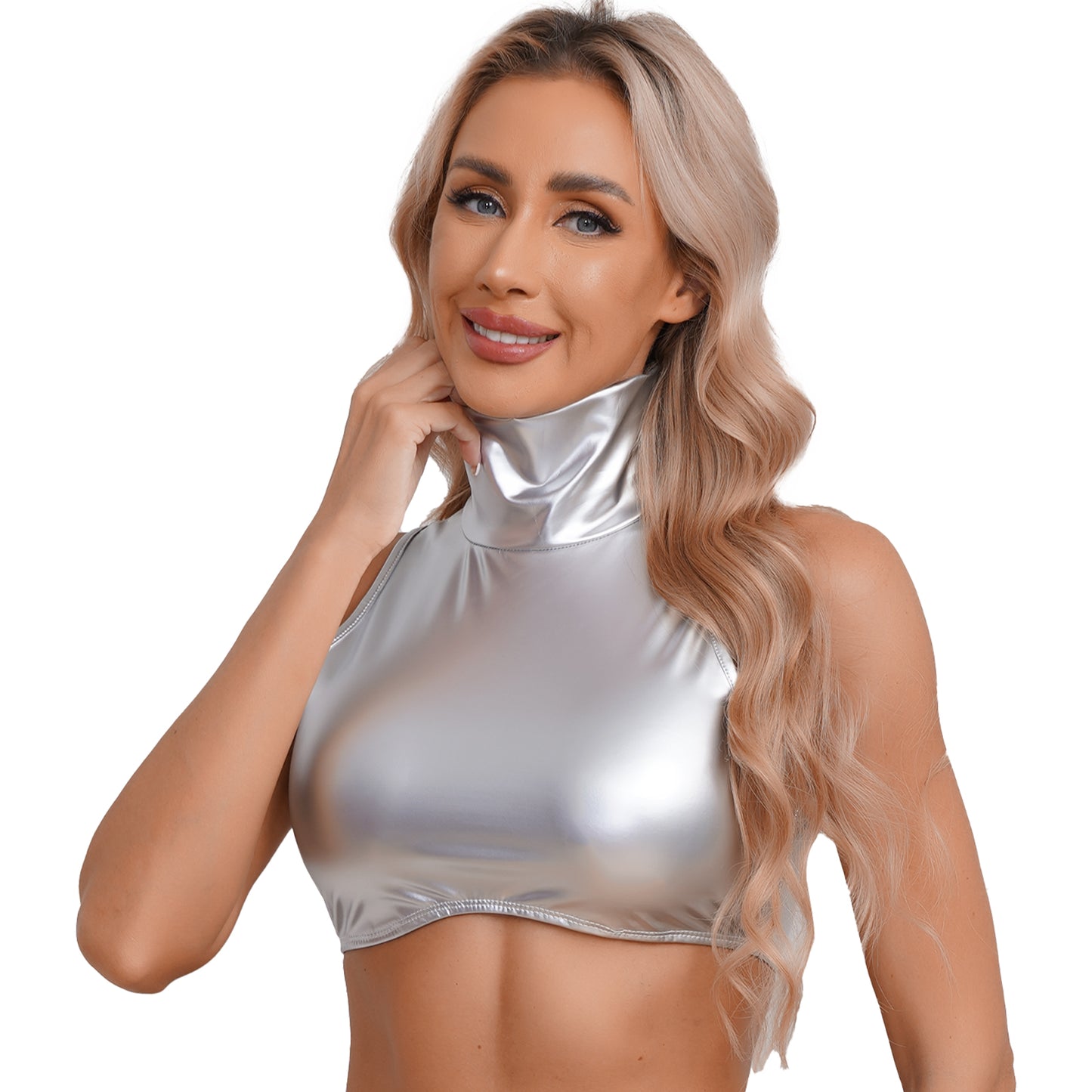 Damen exotische Tanks Clubwear Metallic glänzende Crop Top Weste solide Bodycon Neck holder ärmellose rücken freie Slim Fit T-Shirt Unterhemd Tops