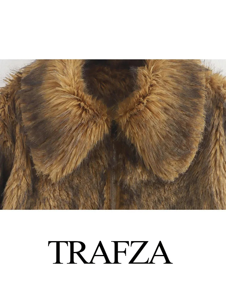 Trafza Frauen Winter Turn-Down Kragen vorne Reiß verschluss warme Mäntel Frau elegante lange Ärmel Seiten taschen lässig Vintage Oberbekleidung