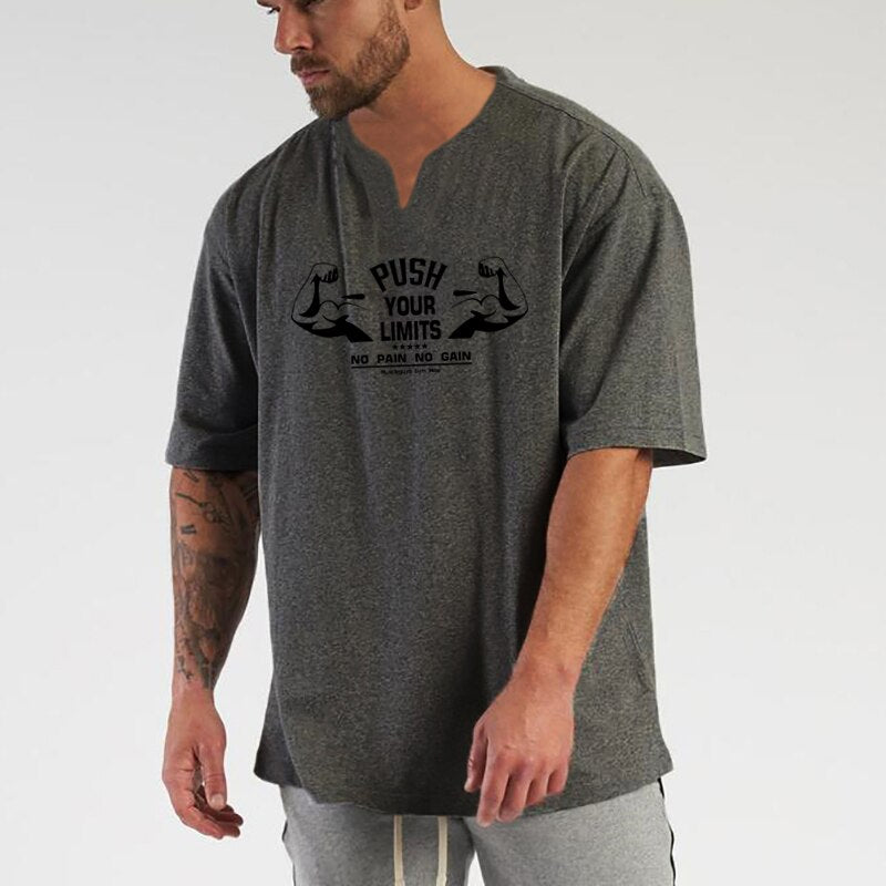 Oversized V-neck Cotton Fitness T Shirt Mens Summer Hip Hop Loose Workout Gym Clothing Half Sleeve T-shirt Bodybuilding Shirt