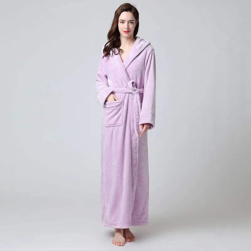 Kapuze Bademantel Nachthemd Frauen Weich korallen Fleece Roben Herbst Winter neue Nachtwäsche Liebhaber lange Kimono Kleid verdicken Nachtwäsche