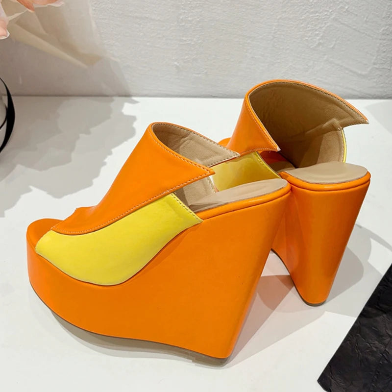 Liyke 2024 neue orange Leder Frauen Plattform Keile Hausschuhe sexy Peep Toe Super High Heels Sandalen Sommer Party Kleid Schuhe