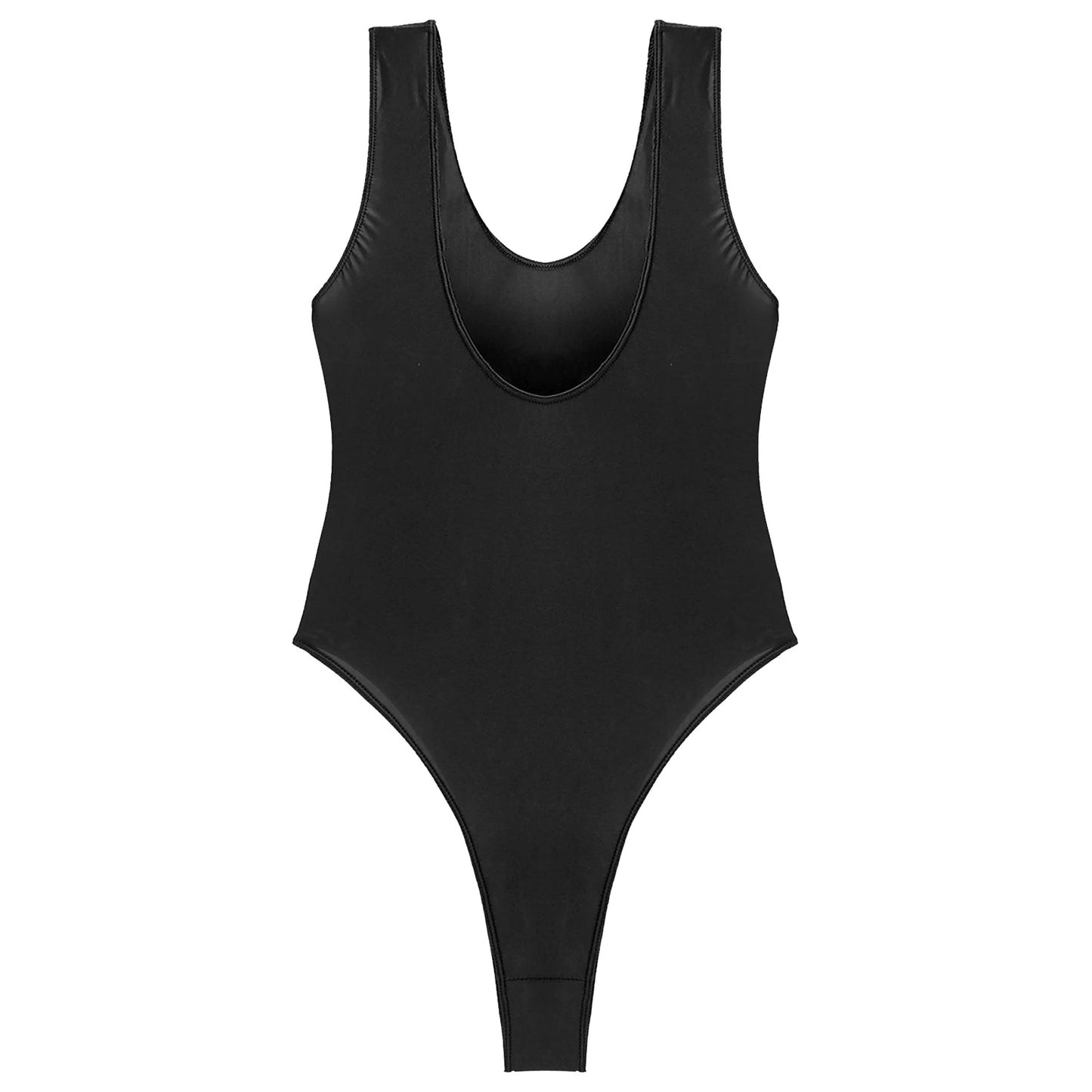 Womens Lingerie High Cut Bodysuit Glossy Stretchy Swimming Suit Swimwear Swimsuit Round Neck Sleeveless Swimwear