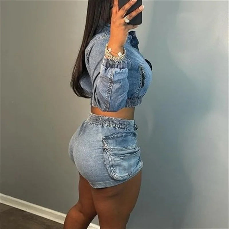 Mode Langarm kurze Jacke Frauen elastische Taille 2 Stück Sets Denim Slim Fit weibliche Anzüge lässige 3D-Tasche Patchwork Shorts