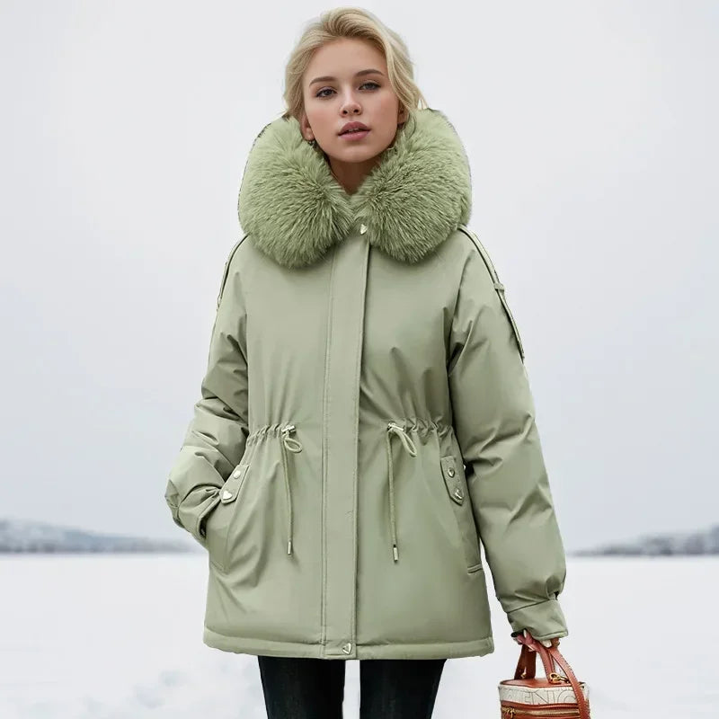 Frauen Parka Mode Lang mantel Wolle Liner Kapuze Parkas 2024 neue Winter jacke schlank mit Pelz kragen warmer Schnee tragen gepolsterte Kleidung