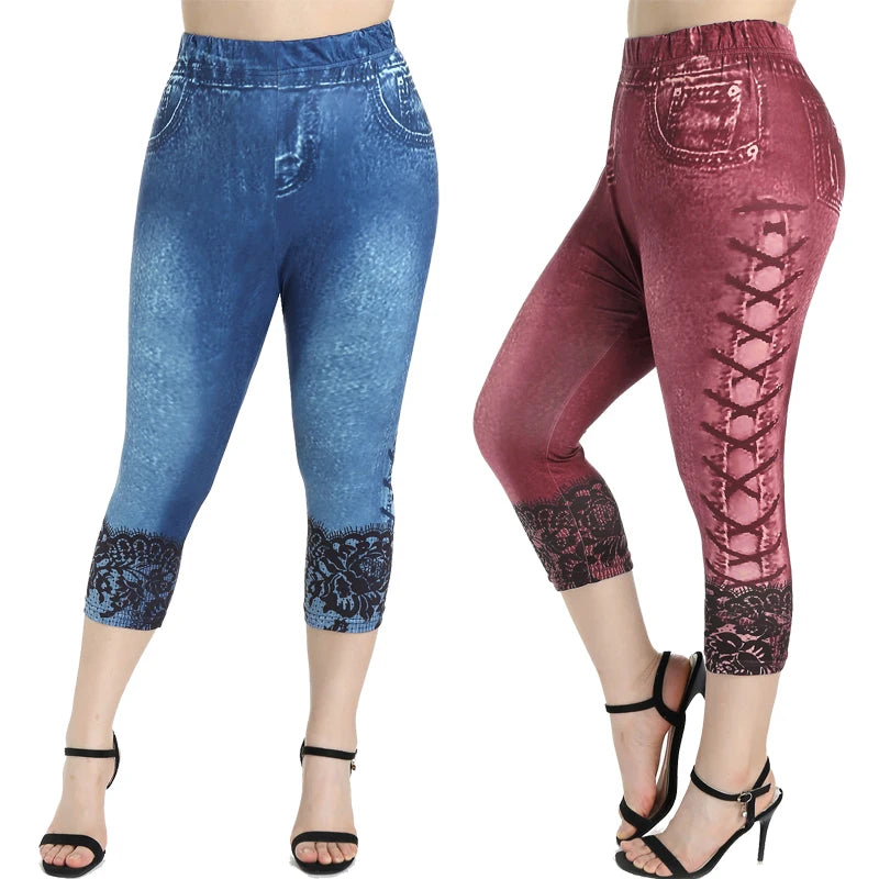 Rosegal Damen Capri Leggings Mode hoch taillierte 3D Denim bedruckte Bleistift hose S-5XL Damen Sommer nahtlose Midi Hose 5xl