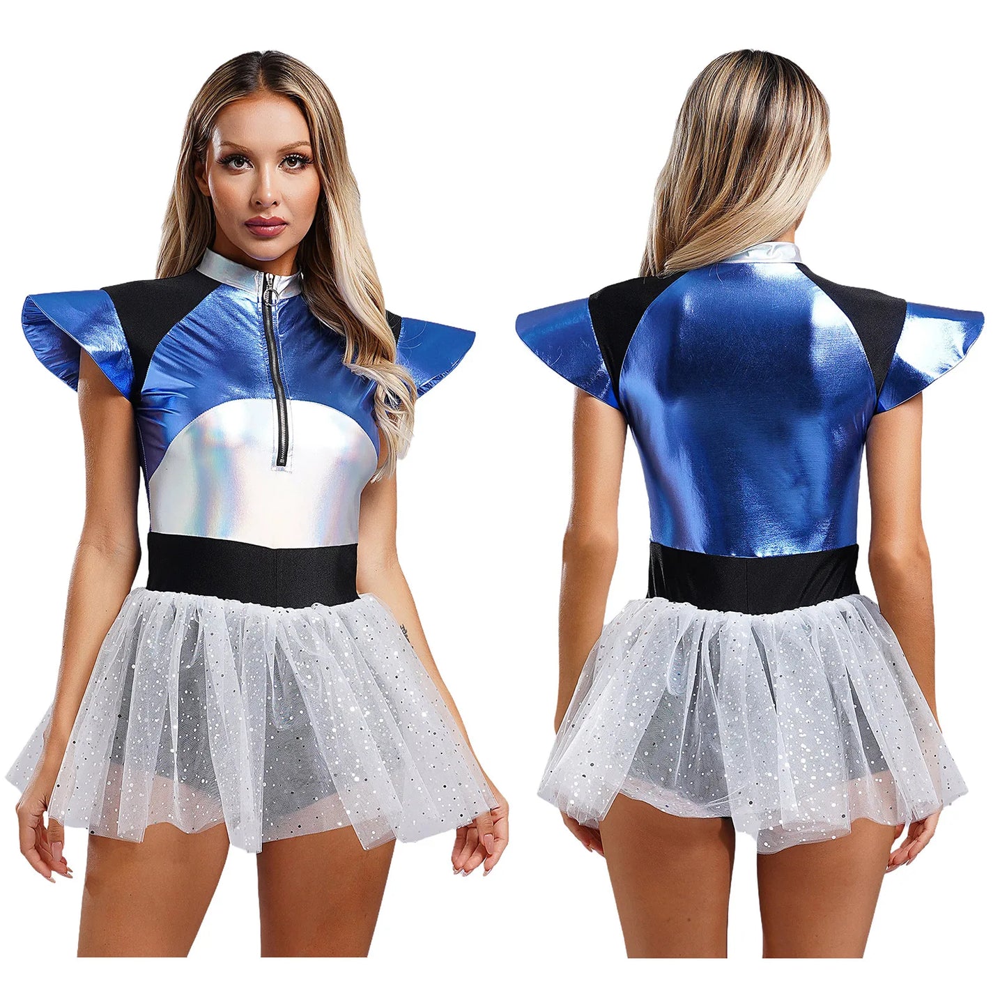 Damen Alien Kostüm Halloween Weltraum Kadett Außer irdische Metallic Tutu Rock Trikot für Cosplay Party Dress Up