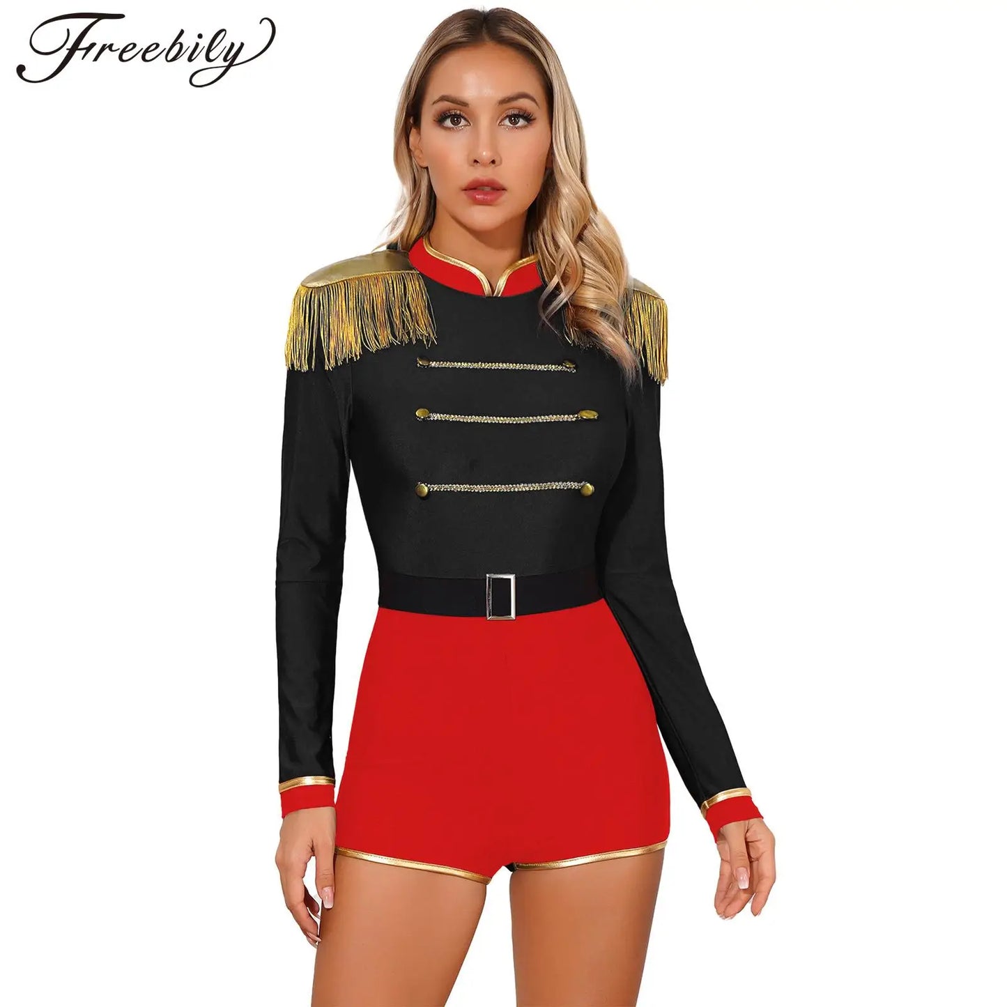 Womens Halloween Party Circus Ringmaster Jumpsuit Costumes Fringe Shoulder Boards Gold Decorated Contrast Cosplay Bodysuit