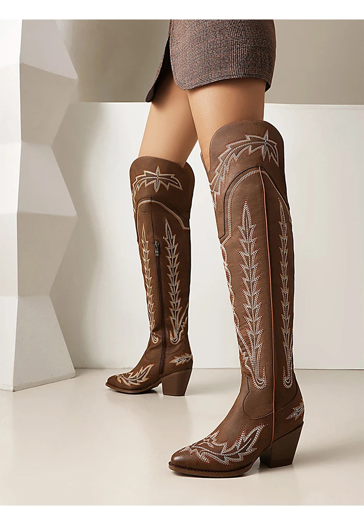 Plus Size atmungsaktive bestickte Westerns tiefel Holzmaserung Grob absatz Seiten reiß verschluss Westerns tiefel trend ige Overknee-Stiefel