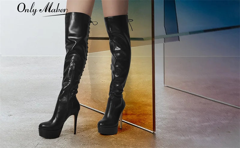 Onlymaker Spitze Up Stiefel Plattform Dünne High Heel Knie Hohe Schuhe Matte Schwarz Seite Zipper Lange Stiefel Große Größe