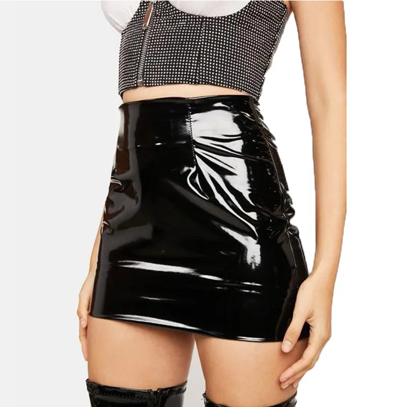Women's Sexy A-Line Shiny Leather Skirts High Waist Slim Black Faux Latex Skirt Plus Size PVC Short Mini Skirt Skater Skirt