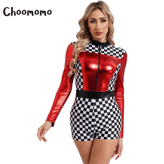 Womens Speed Car Driver Kostüm Halloween Racer Pullover Langarm Metallic Bodysuit Overall Cosplay Party Kostüm