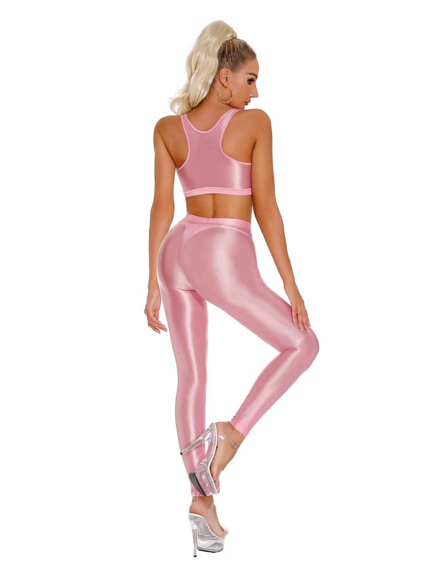 Damen glänzendes Öl ärmelloses U-Ausschnitt Racer back Crop Top mit Leggings für Tanz Yoga Sport Gym Fitness Übung Active wear