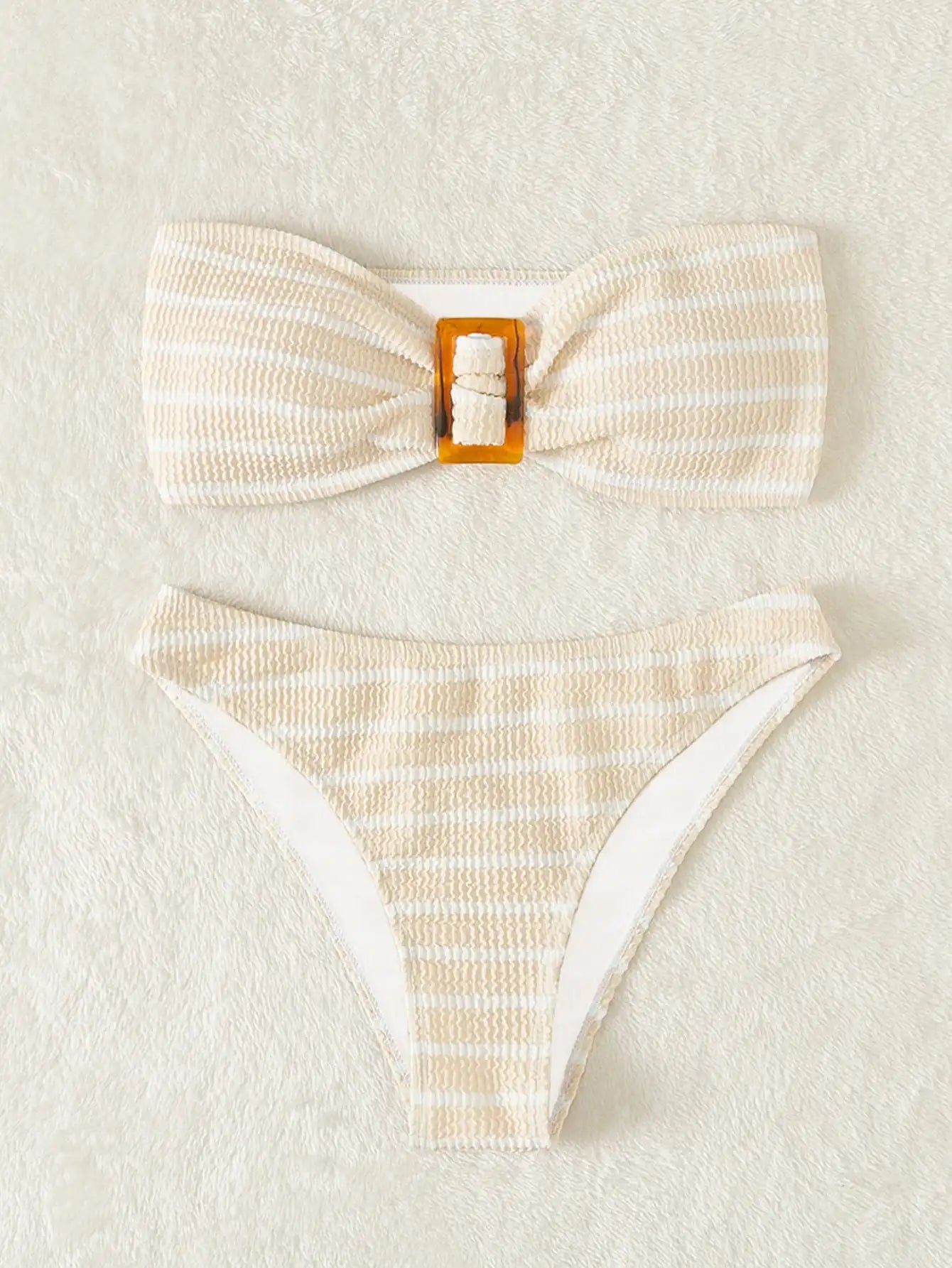 Striped Textured Swimsuit Women Bandeau Bikini Set 2024 Sexy Push Up Swimwear Female Bathing Suit Swimming Summer Beachwear