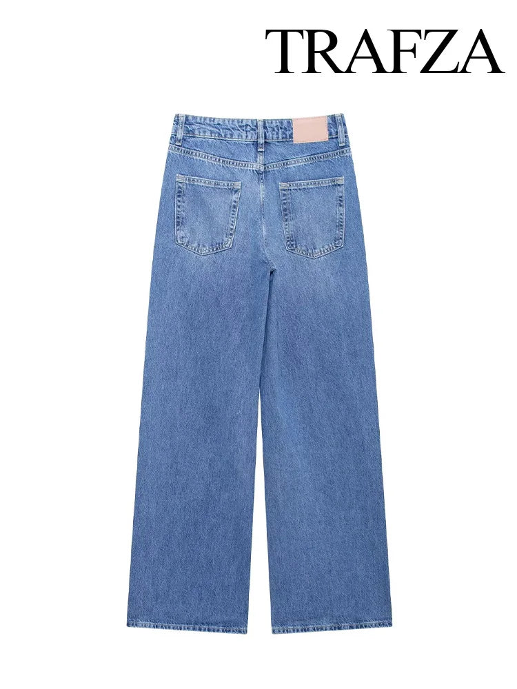 TRAFZA Frauen Mode Taschen Hochhaus Lose Jeans Weiblichen Sommer Elegante High Street Verziert Beiläufige Gerade Breite Bein Hosen