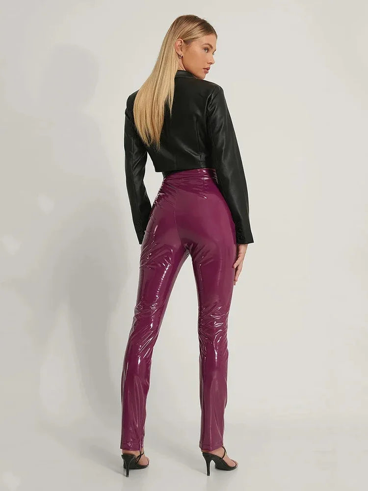 Frauen glänzende Lack leder Bleistift hose hohe Taille Kunst latex Stretch hose Damen Vintage schlanke Pu Leggings Clubwear benutzer definierte