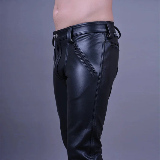 Faux Latex schwarz matt Leder Männer gerade Hosen männlich Reiß verschluss Schritt Öffnung Spleißen pu sexy schlanke Hose mit Taschen neue benutzer definierte