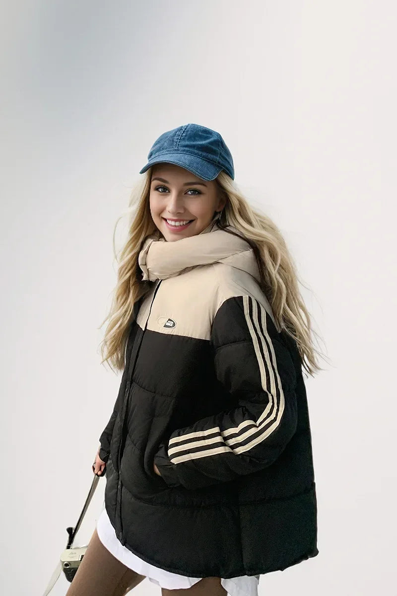 2024 neue Winter Damen jacke Kontrast lässig Kapuze Daunen Baumwoll jacke weiblich verdicken warme lose Puffer gepolsterte Parkas Mäntel