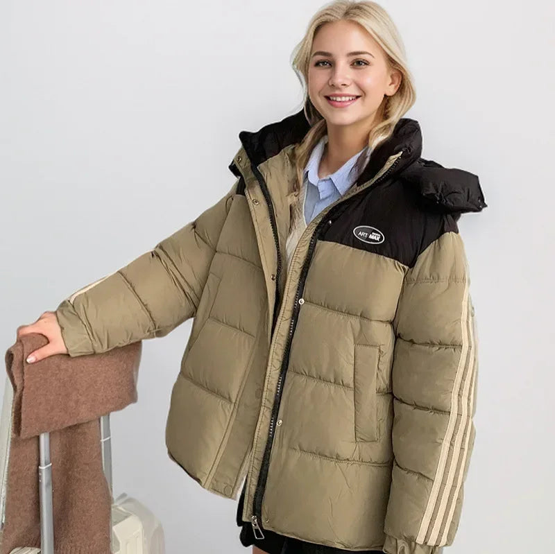 2024 neue Winter Damen jacke Kontrast lässig Kapuze Daunen Baumwoll jacke weiblich verdicken warme lose Puffer gepolsterte Parkas Mäntel