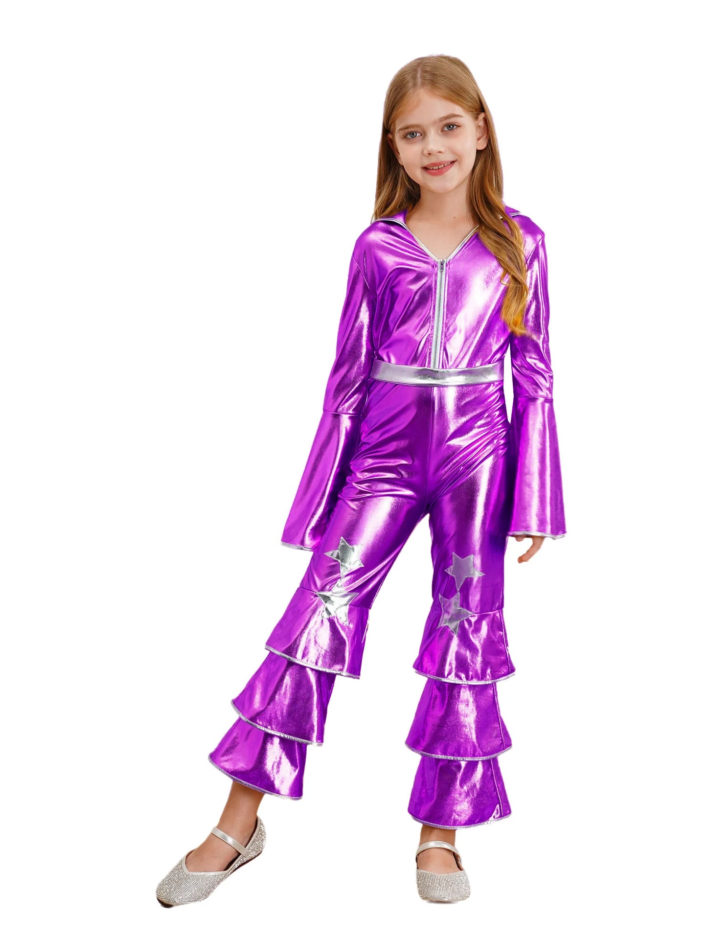 Kids Girls 70s 80s Disco Costume Metallic Flare Sleeve Ruffle Bell Bottom Jumpsuit Halloween Cosplay Funky Dancing Bodysuit