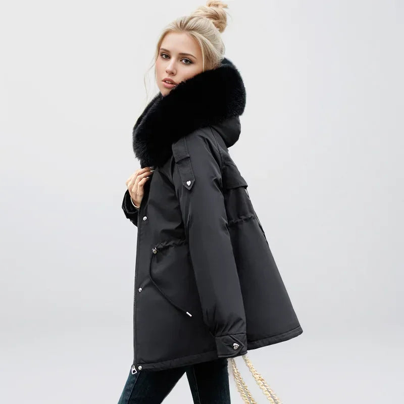 Frauen Parka Mode Lang mantel Wolle Liner Kapuze Parkas 2024 neue Winter jacke schlank mit Pelz kragen warmer Schnee tragen gepolsterte Kleidung