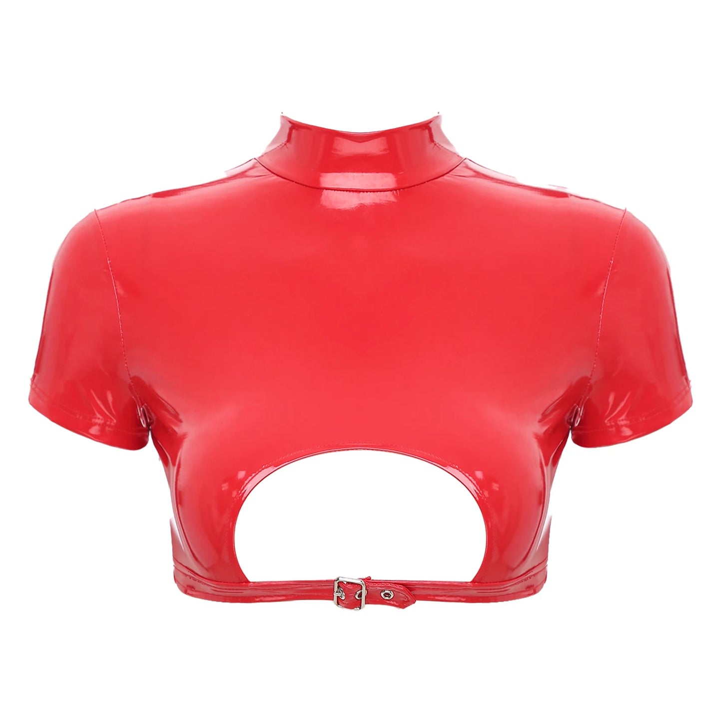 Damen Wet Look Lack leder Mock Neck Kurzarm Reiß verschluss zurück Ausschnitt Tank Crop Tops schmal geschnittene T-Shirts Hemd sexy Clubwear