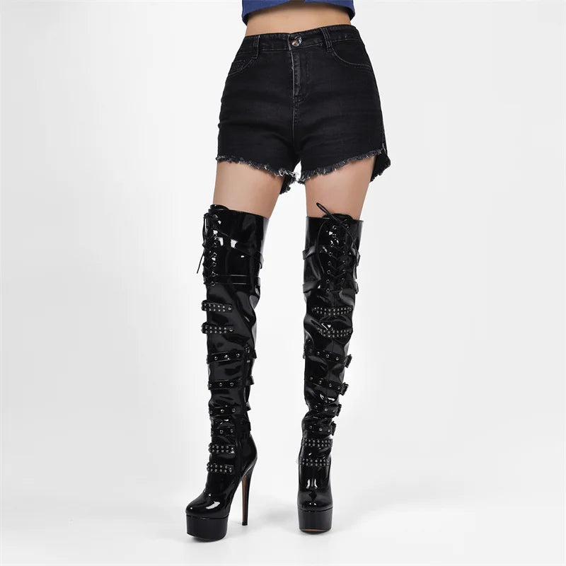 Only maker Frauen Plattform Stiletto rot über dem Knie hohe Stiefel Seite Reiß verschluss Lack leder Mode sexy Winter weibliche Stiefel