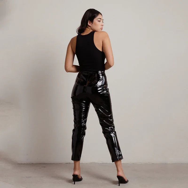 Glänzende Faux Latex Leder Bleistift Hosen Frauen Bodycon PU Leggings Büro Dame Beiläufige Dünne PVC Geerntete Hose Frühjahr Neue Custom