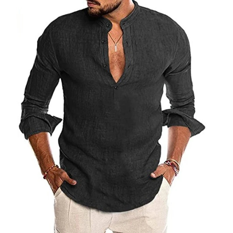 Mens Button Down Shirt Linen Cotton Shirts Casual Long Sleeve Spread Collar Lightweight Beach Solid Color Tops