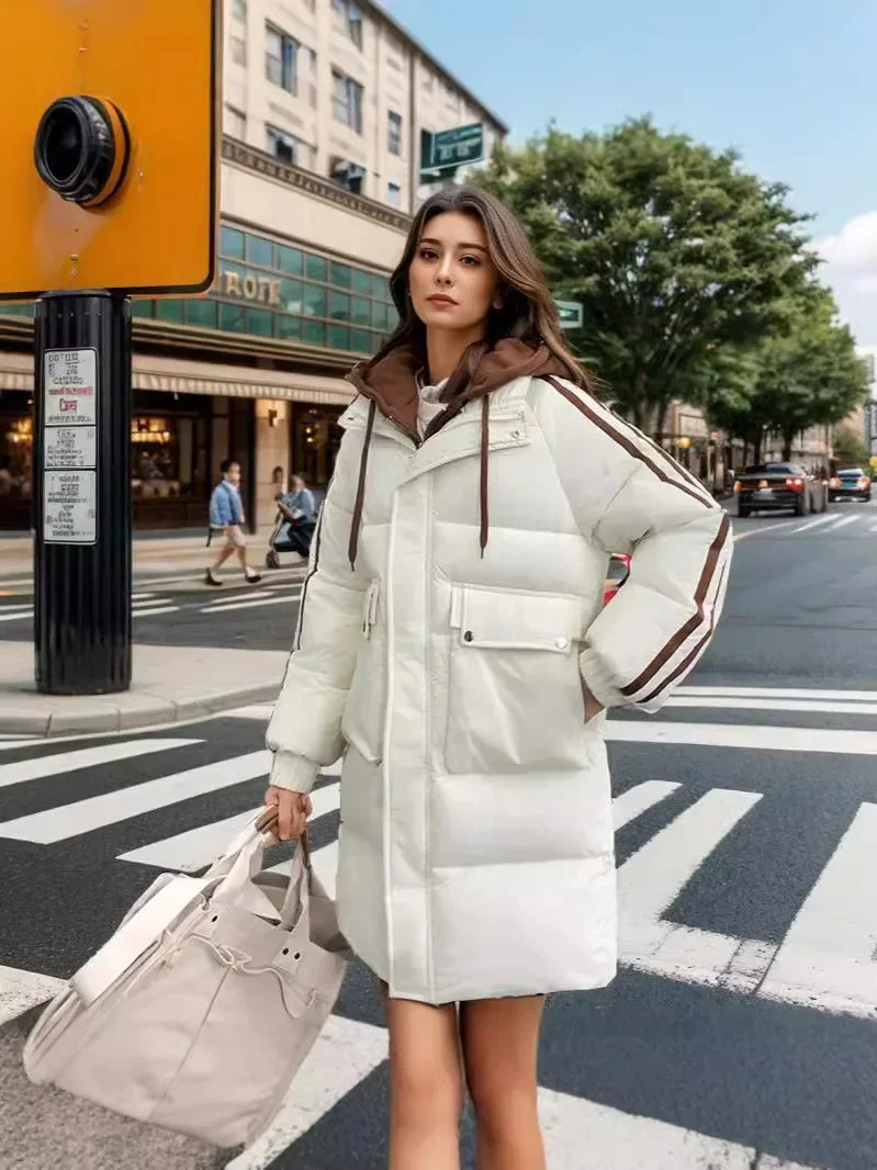 2024 Winter Women's Padded Jacket New Contrast Medium Long Fake Two Piece Down Cotton Jacket Female Hooded Casual Parkas Coats