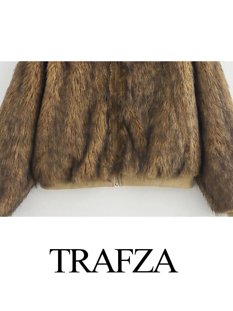 Trafza Frauen Winter Turn-Down Kragen vorne Reiß verschluss warme Mäntel Frau elegante lange Ärmel Seiten taschen lässig Vintage Oberbekleidung