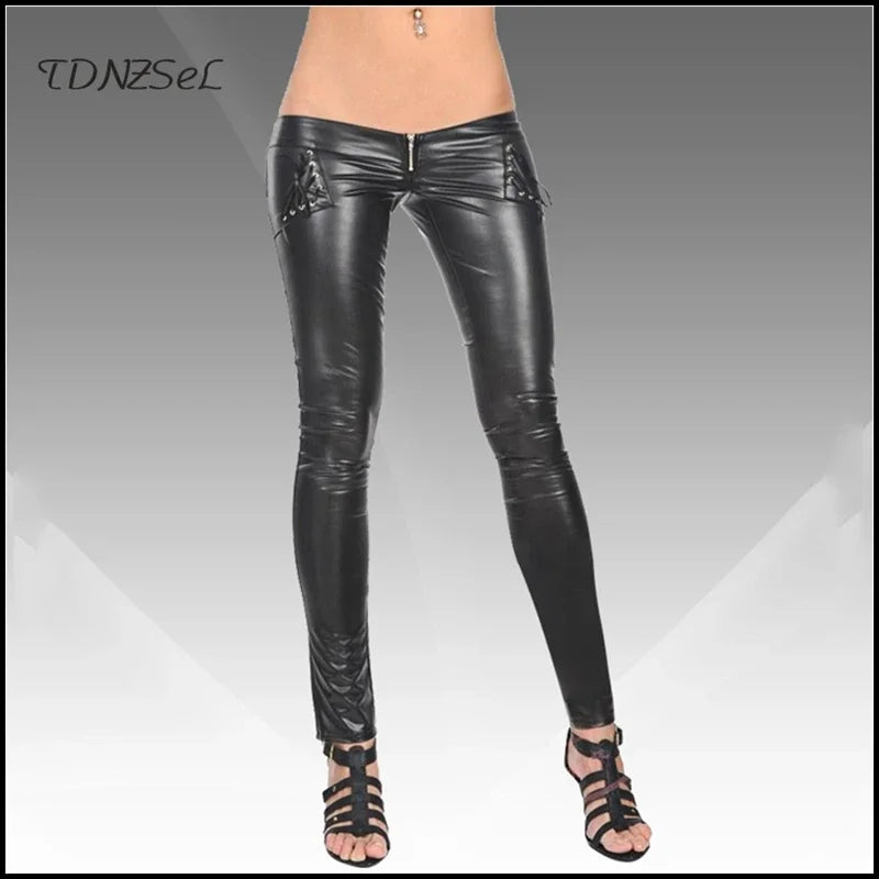 Sexy niedrige Taille exotische Latex Lederhose Reiß verschluss rote Pu Hose Schnür loch Tanz Bodycon nahtlose Leggings Wetlook benutzer definierte