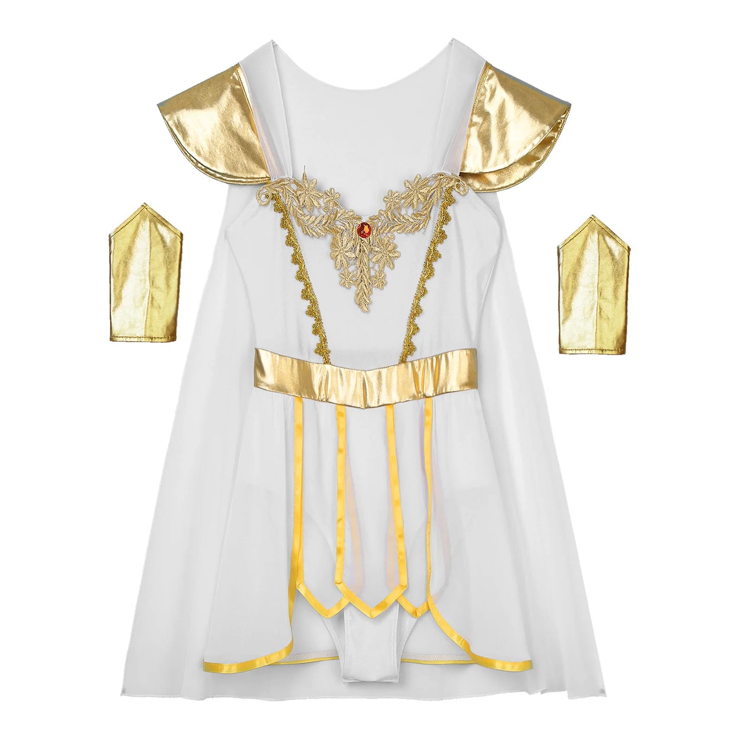 Womens Ancient Roman Bodysuit Toga Costumes Integrated Cape Petal Skirt Bodysuit with Metallic Wristbands for Halloween Dress-Up