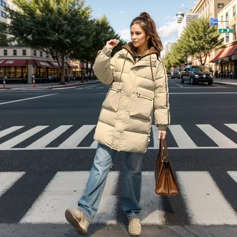 2024 Winter Women's Padded Jacket New Contrast Medium Long Fake Two Piece Down Cotton Jacket Female Hooded Casual Parkas Coats