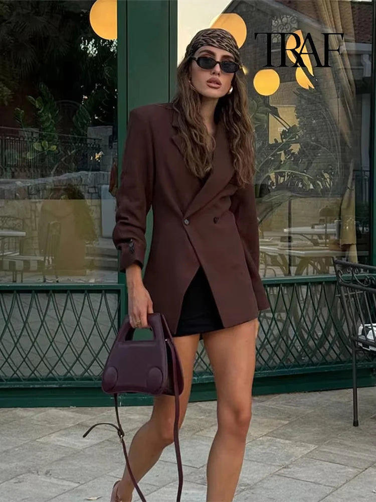 TRAF Damenmode braun schlank Jacke lässig Revers Tasche Langarm Blazer Herbst Vintage elegante Damen Straße Oberbekleidung