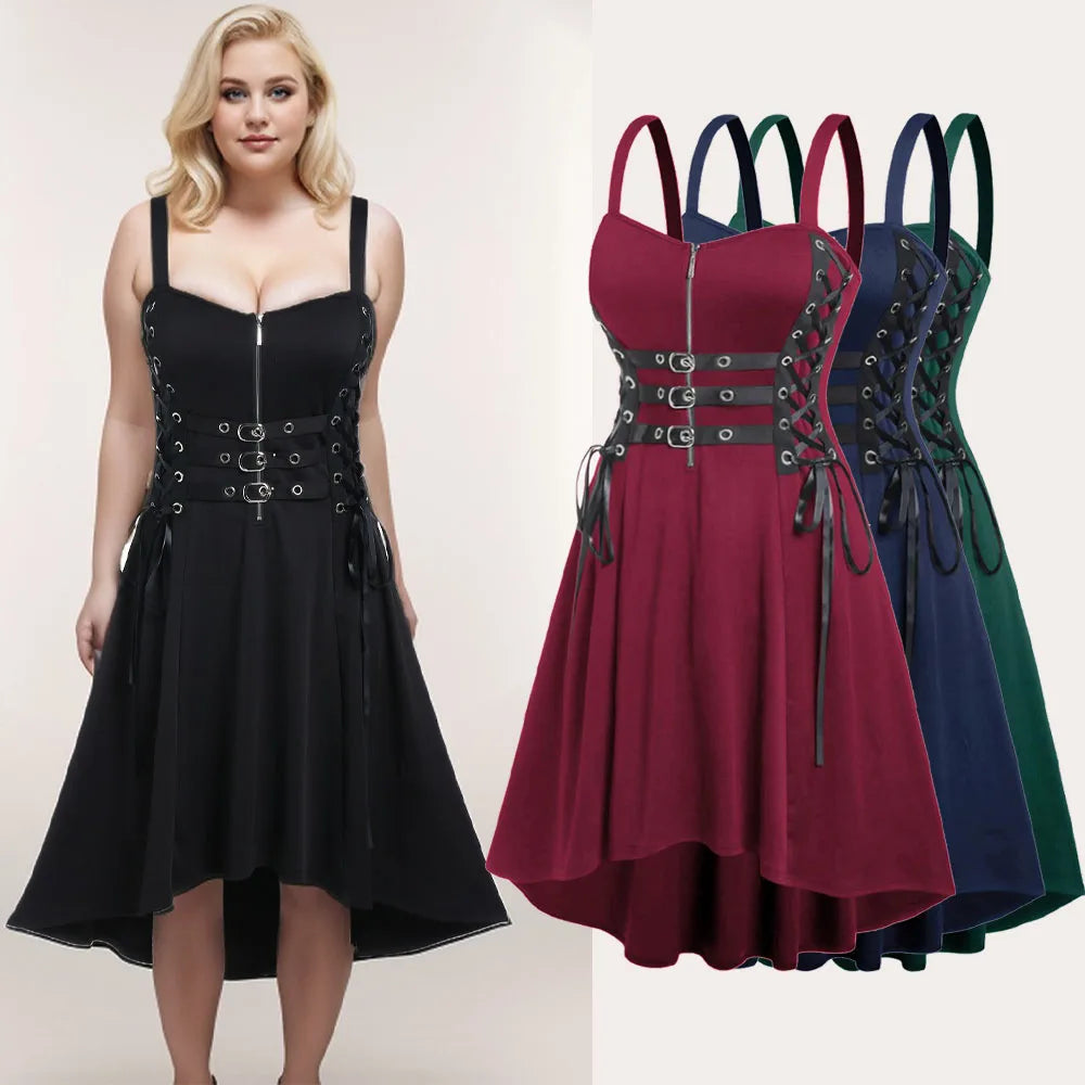 Rosegal Plus Size Kleider Frauen ärmellose Ösen Schnür schnallen High Low Party Midi Kleid halber Reiß verschluss Gothic Kleid Vestidos 5xl