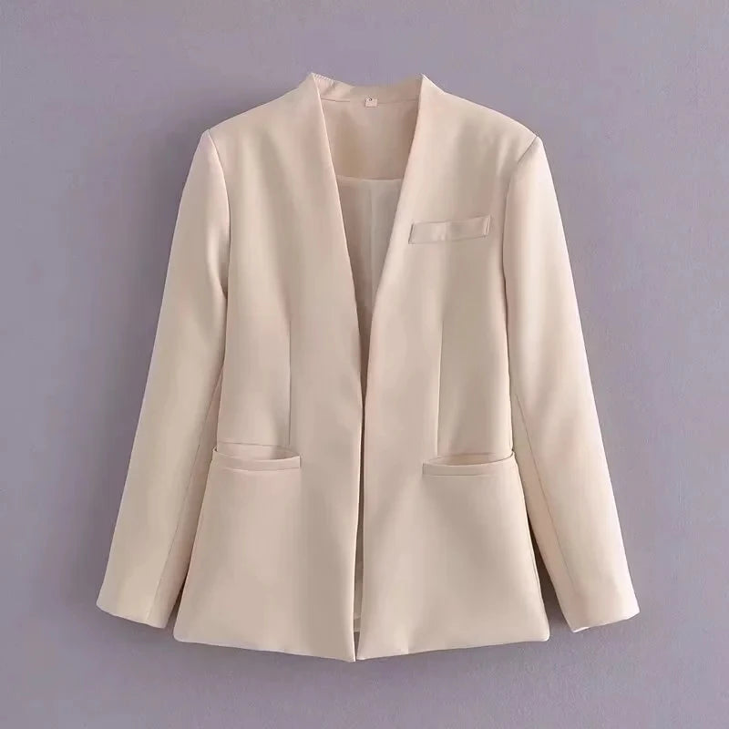 TRAFZA Büro Dame Beige Frauen Anzüge Langarm V-ausschnitt Übergroßen Blazer + Hohe Taille Breite Bein Hosen Mode 2025, Vintage-Sets