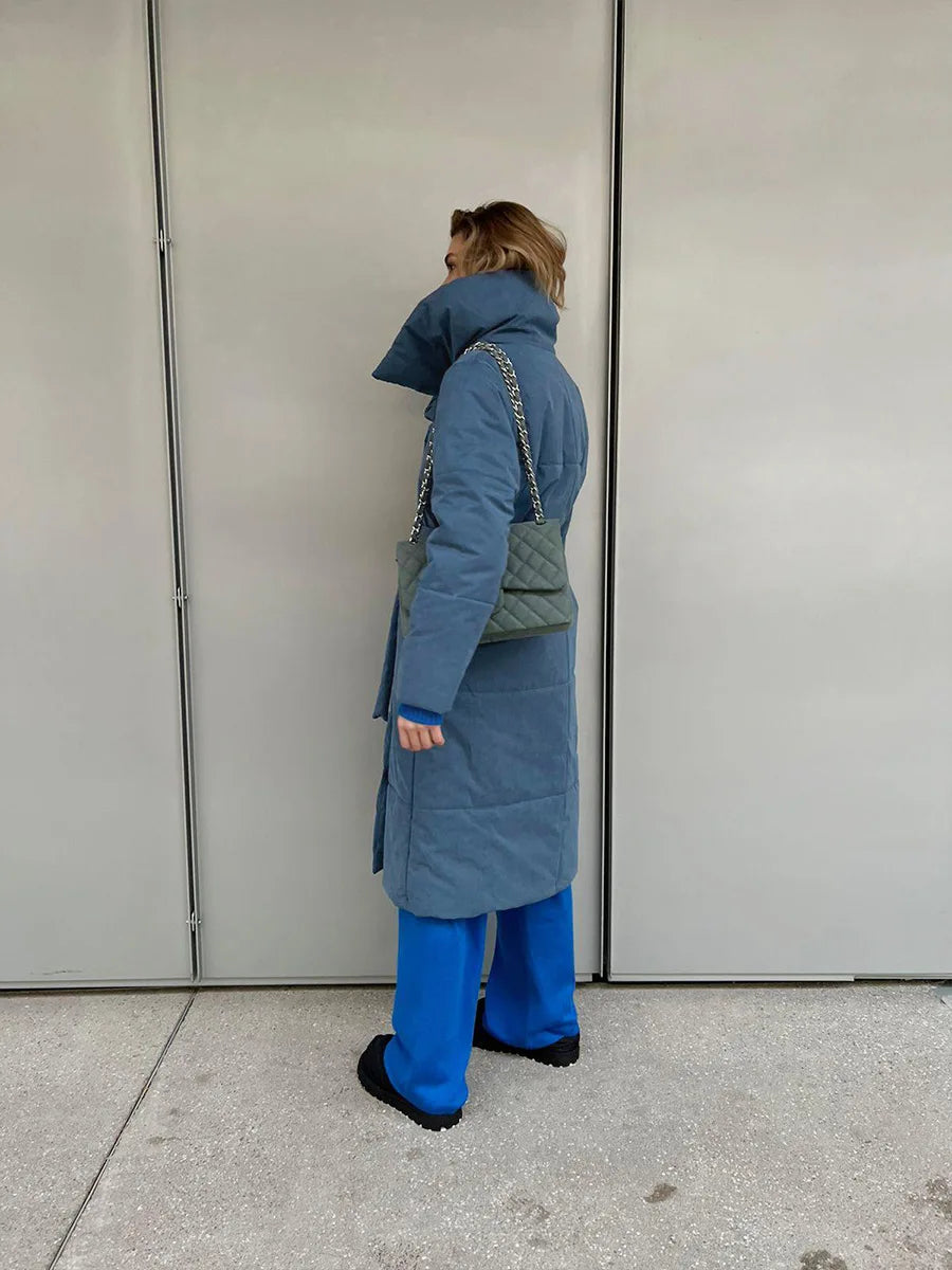 Bornladies Frauen Lose Steppjacken Parkas Wintermäntel Übergroße Warme Lange Gürtel Pufferjacken Damen Baumwolle Gefütterte Jacke