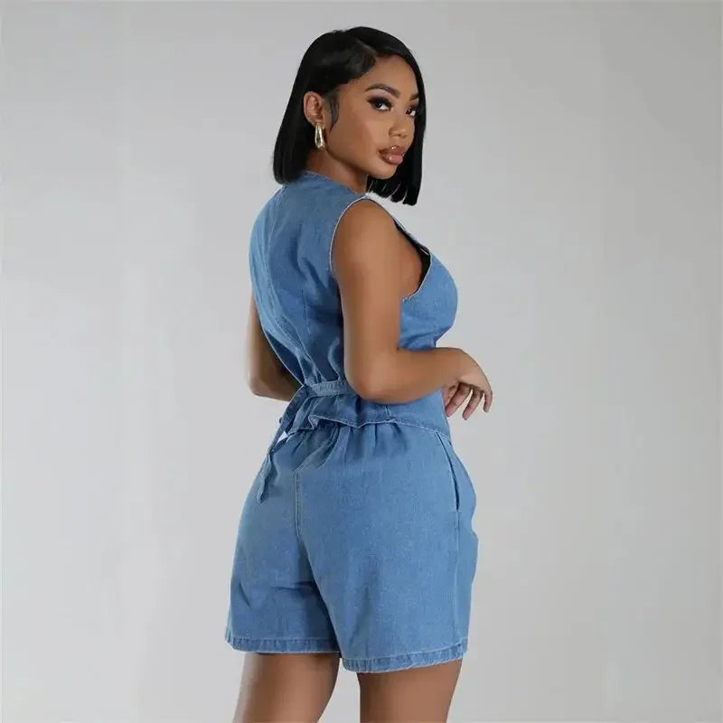 Sommer V-Ausschnitt ärmellose Westen Frauen zweiteilige Sets gerade Jeans shorts weibliche Anzüge lässige einreihige Strickjacke Weste