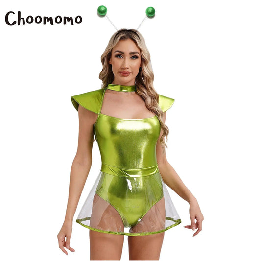 Frauen Weltraum Alien Kostüm Metallic Ausschnitt Rock Trikot Bodysuit außer irdische Halloween Cosplay Party verkleiden